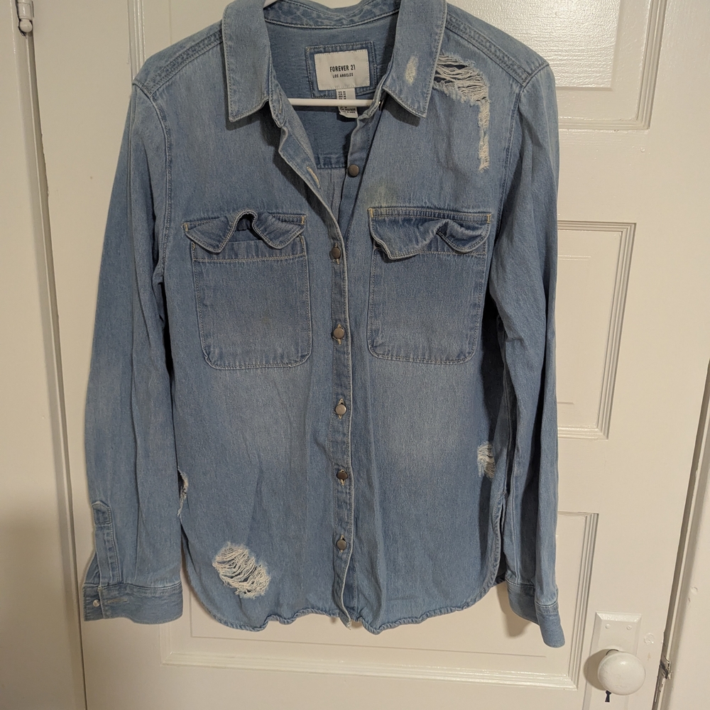 Distressed Denim Button-Up Shirt/Jacket, Size Medium